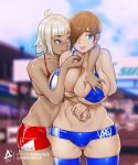  2girls ahoge arm_around_shoulder ass_visible_through_thighs aurahack bangs bike_shorts bikini bikini_top blue_bikini blue_eyes blue_legwear blue_shorts blunt_bangs breast_grab breast_hold breasts cameltoe chin_tickle commentary curvy dark_skin day deep_skin english_commentary flat_chest grabbing grabbing_from_behind groping hair_over_one_eye highres hip_bones hug hug_from_behind huge_breasts lipstick lipstick_mark makeup micro_bikini multiple_girls original outdoors platinum_blonde_hair purple_eyes red_bikini red_shorts short_hair short_shorts shorts skindentation sweat swimsuit thick_eyebrows thighhighs underboob yuri 