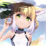  1girl \n/ animal_ears arknights bangs bare_arms bare_shoulders blonde_hair blue_hairband blurry blurry_background blush braid closed_mouth commentary day depth_of_field eyebrows_visible_through_hair green_eyes hair_between_eyes hair_rings hairband hand_up head_tilt highres holding holding_hair leotard looking_away looking_to_the_side multicolored_hair outdoors smile solo suzuran_(arknights) symbol_commentary tail tail_raised too-ye twin_braids two-tone_hair upper_body white_hair white_leotard 