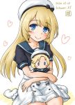  1girl artist_logo blonde_hair blue_eyes blue_sailor_collar character_doll commentary_request dated doll_hug dress gloves hat heart heart_background highres janus_(kantai_collection) jervis_(kantai_collection) kantai_collection kotowari_(newtype_kenkyuujo) long_hair looking_at_viewer sailor_collar sailor_dress sailor_hat short_sleeves sitting smile socks solo twitter_username wariza white_background white_dress white_gloves white_headwear white_legwear 