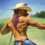  1:1 anthro armpit_hair back_tuft belt blue_bottomwear blue_clothing blue_pants body_hair bottomwear brown_body brown_fur canid canine canis clothed clothing cowboy cowboy_hat coyote fur geewolf hat head_tuft headgear headwear lasso male mammal muscular muscular_anthro muscular_male orange_body orange_fur pants simple_background smile solo topless tuft vinylwolf_(character) 