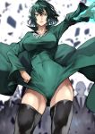  1girl absurdres black_hair black_legwear breasts cameltoe chain_necklace covered_navel covered_nipples crowd dress dress_lift floating_rock fubuki_(one-punch_man) glowing glowing_hand green_dress green_eyes hand_on_hip high_collar highres medium_breasts medium_hair messy_hair no_bra one-punch_man revision solo_focus taut_clothes taut_dress telekinesis thick_thighs thighhighs thighs wind wind_lift yoshio_(55level) 