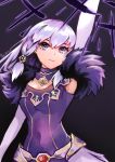  1girl arm_up armpits belt breasts choker colored_inner_hair covered_navel dark_background dress elbow_gloves fire_emblem fire_emblem:_three_houses fur_trim gloves hair_between_eyes hair_ornament highres jewelry light_purple_hair long_hair lysithea_von_ordelia magic multicolored_hair necklace paiiart purple_eyes serious shadow signature simple_background sleeveless sleeveless_dress small_breasts solo tight_dress two-tone_hair upper_body white_hair 