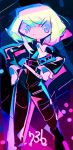  1boy abstract abstract_background androgynous biker_clothes colorful cravat eyebrows_visible_through_hair frills green_hair highres lio_fotia promare short_hair suzuka_g 