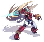  1boy android blonde_hair closed_mouth commentary energy_sword fighting_stance gloves green_eyes helmet highres holding long_hair male_focus mega_man_(series) mega_man_zx model_zx_(mega_man) open_mouth robot_ears simple_background solo sword tanaka_(is2_p) vent_(mega_man) weapon white_background white_gloves 