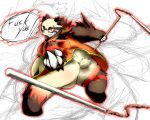  2011 5:4 anthro belly butt chiro_(artist) clothed clothing fanfan fur giant_panda kemono mammal overweight overweight_anthro red_body red_fur solo text ursid weapon white_body white_fur 