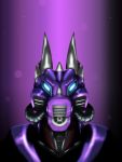  3:4 anthro armor blue_eyes clothing dizrahk_(artist) dragon filter gas_mask headgear headshot_portrait helmet hi_res horn machine male mask portrait purple_body rubber solo spikes suit synthetic tube 