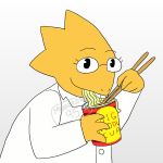  1:1 alphys anthro buckteeth chopsticks clothed clothing coat eating english_text eyewear female food glasses hi_res holding_chopsticks holding_cup holding_object lab_coat looking_at_viewer moonrose85 noodles ramen reptile scales scalie simple_background smile solo teeth text topwear undertale video_games watermark yellow_body yellow_scales 