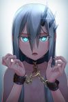  1girl blue_eyes chain collar commentary_request cuffs d: eyebrows_visible_through_hair fangs fingernails hair_between_eyes hair_censor highres horns kis_sako long_fingernails long_hair looking_at_viewer open_mouth original restrained silver_hair simple_background teeth veins 