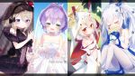  4girls :d animal_ears anniversary ayanami_(azur_lane) ayanami_(demon&#039;s_dress)_(azur_lane) azur_lane bangs bare_shoulders black_bow black_dress black_flower black_rose blue_flower blush bouquet bow breasts bunny_ears closed_eyes closed_mouth collarbone commentary_request copyright_name dress elbow_gloves eyebrows_visible_through_hair feet_out_of_frame fingerless_gloves flower gloves green_eyes hair_between_eyes hair_flower hair_ornament hand_up headgear highres holding holding_bouquet hood hood_up javelin_(azur_lane) javelin_(blissful_june_bride)_(azur_lane) jewelry kokone_(coconeeeco) laffey_(azur_lane) laffey_(white_rabbit&#039;s_oath)_(azur_lane) light_brown_hair long_hair medium_breasts midriff multiple_girls navel open_mouth pantyhose purple_hair red_eyes ring rose see-through shoes silver_hair sleeveless sleeveless_dress small_breasts smile strapless strapless_dress thighband_pantyhose twintails veil very_long_hair wedding_band wedding_dress white_dress white_footwear white_gloves white_legwear yellow_flower z23_(azur_lane) z23_(schwarze_hochzeit)_(azur_lane) 