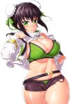  1girl bangs bare_shoulders belt bikini black_shorts blush breasts bun_cover chainsaw_of_the_dead cleavage closed_mouth double_bun fate/grand_order fate_(series) green_bikini green_eyes green_ribbon highres jacket large_breasts long_sleeves looking_at_viewer navel onsoku_inu qin_liangyu_(fate) ribbon short_shorts shorts sidelocks simple_background swimsuit thighs white_background white_jacket 