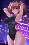  1girl arms_behind_head arms_up atlanta_(kantai_collection) bangs blue_eyes blush breasts brown_hair collarbone commentary_request competition_swimsuit covered_navel covered_nipples earrings eyebrows_visible_through_hair hat highleg highleg_swimsuit highres jewelry kantai_collection kihou_no_gotoku_dmc large_breasts long_hair looking_at_viewer one-piece_swimsuit open_mouth palm_tree shiny shiny_hair simple_background solo star_(symbol) star_earrings swimsuit thighs tied_hair tree twintails water water_drop wet 