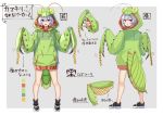  1girl animal_hood antennae bare_legs blue_eyes commentary_request ear_piercing grey_background hands hood hood_up hooded_jacket jacket looking_at_viewer looking_back multiple_views original piercing plan_(planhaplalan) praying_mantis purple_eyes shoes short_hair silver_hair simple_background smile sneakers tail translation_request zipper 