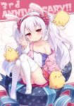  1girl animal animal_ears anniversary azur_lane baku-p bangs bird blush box bunny_ears camisole chick collarbone commentary_request eyebrows_visible_through_hair fake_animal_ears gift gift_box hair_between_eyes hairband hand_up highres jacket knees_up laffey_(azur_lane) long_hair long_sleeves looking_at_viewer manjuu_(azur_lane) no_shoes off_shoulder open_clothes open_jacket panties parted_lips pink_jacket pleated_skirt red_eyes red_hairband red_skirt silver_hair sitting skirt solo strap_slip striped striped_panties thighhighs twintails underwear very_long_hair w white_camisole white_legwear 