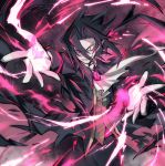  1boy ascot black_hair disgaea evil_grin evil_smile eyebrows_visible_through_hair eyes_visible_through_hair gloves grin hair_tie issa_(sorako45) magic makai_senki_disgaea_4 outline red_eyes sharp_teeth slit_pupils smile smirk spiked_hair starry_background teeth tied_hair torn_clothes valvatorez_(disgaea) vampire 