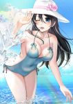  1girl ;d absurdres backless_swimsuit bangs black_eyes black_hair blue_sky blue_swimsuit breasts cleavage cloud cloudy_sky covered_navel cowboy_shot day droplet flower girls_und_panzer hat hat_flower highres isuzu_hana leaning_forward long_hair looking_at_viewer medium_breasts one_eye_closed open_mouth outdoors pink_flower side-tie_swimsuit sky smile solo splashing standing sun_hat swimsuit touma_(tsunamiharuru) wading water white_headwear 