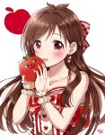  1girl apple breasts brown_hair close-up earrings food food_themed_earrings fruit gen_(enji) highres holding holding_food holding_fruit idolmaster idolmaster_cinderella_girls jewelry looking_at_viewer pink_eyes ringorou_(idolmaster) small_breasts solo tsujino_akari white_background 