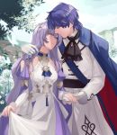  1boy 1girl a_(user_vtsy8742) blue_hair cape couple deirdre_(fire_emblem) dress fire_emblem fire_emblem:_genealogy_of_the_holy_war hand_in_another&#039;s_hair hetero highres holding holding_clothes holding_dress holding_hands looking_at_another looking_down looking_up purple_hair sigurd_(fire_emblem) smile 