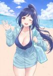  1girl :d arhah bag beach bikini blue_bikini blue_hair blue_sky breasts cleavage cloud commentary_request halterneck handbag high_ponytail highres hood hoodie large_breasts long_hair long_ponytail looking_at_viewer love_live! love_live!_sunshine!! matsuura_kanan ocean one_eye_closed open_mouth ponytail purple_eyes sand shore sidelocks sky smile swimsuit thighs water waving 