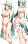  1girl aaru aqua_eyes aqua_hair armpit_crease ass bare_back bare_shoulders bikini breasts cleavage closed_mouth collarbone commentary eyebrows_visible_through_hair feet_out_of_frame hair_between_eyes hand_in_hair hatsune_miku highres long_hair looking_at_viewer looking_back multiple_views navel open_mouth pink_bikini sideboob simple_background sitting small_breasts smile standing swimsuit thighs twintails very_long_hair vocaloid white_background 