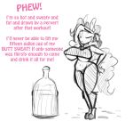  anthro anthrofied big_breasts bodily_fluids bottle breasts clothing dialogue english_text equid equine female friendship_is_magic hasbro horse jrvanesbroek mammal monochrome my_little_pony nipple_outline pinkie_pie_(mlp) pony standing sweat text tight_clothing under_boob wide_hips wiping_brow 