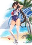  1girl absurdres ahoge arm_up armpits beach black_hair blue_swimsuit breasts covered_navel crop_top crop_top_overhang day full_body grin highres iris_yuma large_breasts long_hair looking_at_viewer neckerchief ocean official_art old_school_swimsuit one-piece_swimsuit one_eye_closed outdoors palm_tree ponytail rainmaker red_eyes sailor_collar sailor_shirt school_swimsuit see-through shirt shoes short_sleeves smile solo soul_worker standing starfish sunlight surfboard swimsuit thighhighs thighs tree very_long_hair water wet wet_clothes wet_shirt white_footwear white_legwear white_shirt wristband 