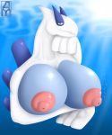  absurd_res anthro big_breasts breasts bubble bust_portrait daxmarko eyelashes female freckles green_eyes hi_res huge_breasts legendary_pok&eacute;mon lugia marya_(daxmarko) nintendo pok&eacute;mon pok&eacute;mon_(species) portrait smile solo underwater video_games water 