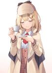  1girl blonde_hair capelet closed_eyes coat commentary cup deerstalker hat highres holding holding_cup holding_plate hololive hololive_english light_blush long_sleeves medium_hair necktie pak_ce plate red_neckwear simple_background smile solo teacup upper_body virtual_youtuber watson_amelia white_background 