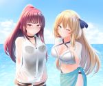  2girls absurdres bangs bare_shoulders bikini black_swimsuit blonde_hair blue_bow blush bow bow_swimsuit breasts cleavage closed_mouth cloud collarbone collared_shirt eyebrows_visible_through_hair girls_frontline green_eyes hair_bow hand_on_own_chest highres koto_(ktnhn000) large_breasts long_hair looking_at_viewer m1903_springfield_(girls_frontline) multiple_girls ocean one-piece_swimsuit one_eye_closed outdoors ponytail purple_hair red_eyes see-through shirt sky smile swimsuit swimsuit_under_clothes wa2000_(girls_frontline) water white_bikini white_shirt 