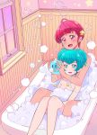  2girls ahoge aqua_eyes aqua_hair bath bathroom bathtub bubble_bath hagoromo_lala hair_ornament highres hoshina_hikaru indoors jewelry juugoya_neko multiple_girls nude partially_submerged precure red_eyes red_hair ring shared_bathing short_hair soap_bubbles star_(symbol) star_hair_ornament star_in_eye star_twinkle_precure symbol_in_eye thick_eyebrows wedding_band 