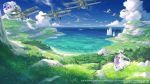  2girls absurdres aircraft airplane azur_lane cloud day grass hat highres holding illustrious_(azur_lane) logo long_hair multiple_girls ocean official_art outdoors purple_hair scenery sky suzuke tree unicorn_(azur_lane) watermark white_hair 