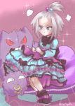  &gt;:( 1girl ayysquidly bean_bag_chair commission dress forehead frilled_dress frills gen_1_pokemon gengar hair_bobbles hair_ornament highres koffing lolita_fashion musical_note phone pokemon pokemon_(game) pokemon_bw2 pout roxie_(pokemon) signature sparkle stuffed_toy topknot white_hair 