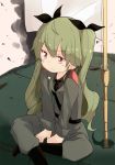  1girl :t anchovy_(girls_und_panzer) anzio_military_uniform bangs barashiya belt black_belt black_footwear black_neckwear black_ribbon black_shirt boots closed_mouth commentary dress_shirt drill_hair flag frown girls_und_panzer green_hair grey_jacket grey_pants ground_vehicle hair_ribbon highres indian_style jacket knee_boots long_hair long_sleeves looking_to_the_side military military_uniform military_vehicle motor_vehicle necktie on_vehicle pants red_eyes ribbon sam_browne_belt shirt sitting solo tank tearing_up tears twin_drills twintails uniform v_arms white_flag wing_collar 