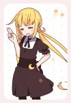  alternate_costume blonde_hair closed_eyes crescent crescent_moon_pin enmaided framed_image hand_on_hip kantai_collection long_hair maid open_mouth satsuki_(kantai_collection) smile twintails yoru_nai 