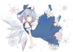  1girl ahoge artist_name blue_bow blue_dress blue_eyes blue_footwear blue_hair bow cirno dress eyebrows_visible_through_hair falling hair_bow highres ice ice_wings looking_at_viewer puffy_sleeves ribbon saya_(sayaya) short_hair short_sleeves simple_background snowflakes solo touhou white_background wings 