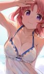  1girl arm_up armpits blue_swimsuit breasts collarbone commentary_request highres hiroki_(yyqw7151) large_breasts looking_at_viewer mikakunin_de_shinkoukei multicolored multicolored_clothes multicolored_swimsuit pink_hair purple_eyes see-through_silhouette short_hair solo sunlight sweatdrop swimsuit wet white_swimsuit yonomori_kobeni 