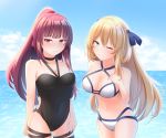  2girls absurdres bangs bare_shoulders bikini black_swimsuit blonde_hair blue_bow blush bow bow_swimsuit breasts cleavage closed_mouth cloud collarbone eyebrows_visible_through_hair girls_frontline green_eyes hair_bow hand_on_own_chest highres koto_(ktnhn000) large_breasts long_hair looking_at_viewer m1903_springfield_(girls_frontline) multiple_girls ocean one-piece_swimsuit one_eye_closed outdoors ponytail purple_hair red_eyes sky smile swimsuit wa2000_(girls_frontline) water white_bikini 