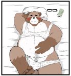  2020 anthro barely_visible_genitalia barely_visible_penis belly blush border brown_body brown_fur canid canine clothed clothing eyewear fur genitals glasses humanoid_hands kemono lying male mammal overweight overweight_anthro overweight_male penis raccoon_dog shirt solo tank_top tanuki topwear underwear wasabicya white_border 