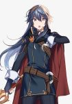  1girl armor belt belt_buckle black_cape blue_eyes blue_gloves blue_hair blue_sweater breastplate buckle cape commentary_request eyebrows_visible_through_hair falchion_(fire_emblem) fingerless_gloves fire_emblem fire_emblem_awakening floating_hair gloves hair_between_eyes highres holding holding_sword holding_weapon long_hair looking_at_viewer lucina_(fire_emblem) multicolored multicolored_cape multicolored_clothes open_mouth red_cape ribbed_sweater ryon_(ryonhei) shoulder_armor simple_background solo sweater sword symbol-shaped_pupils tiara turtleneck turtleneck_sweater weapon 