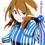  brown_eyes brown_hair character_name character_single copyright_name employee_uniform extra k-on! lawson long_hair sakayama_shinta salute shirt simple_background solo striped striped_shirt tachibana_himeko uniform vertical-striped_shirt vertical_stripes 