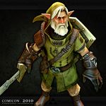  3d bag beard belt blonde_hair blue_eyes boots braid chainmail facial_hair gauntlets hat hood link male_focus old pointy_ears serious shield shoulder_pads simple_background solo standing sword the_legend_of_zelda tunic weapon 