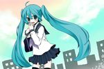  aqua_eyes aqua_hair bag hand_to_own_mouth hatsune_miku heart heart-shaped_pupils long_hair niboshi school_uniform serafuku skirt smile solo symbol-shaped_pupils thighhighs twintails very_long_hair vocaloid zettai_ryouiki 