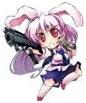  animal_ears bunny_ears chibi dual_wielding duplicate gun handgun holding hs2000 lavender_hair long_hair machine_pistol magpul_fmg-9 nanaroku_(fortress76) necktie pistol red_eyes reisen_udongein_inaba socks solo submachine_gun touhou very_long_hair weapon 