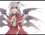  bad_id bad_pixiv_id belt bow bowtie capelet hair_bobbles hair_ornament hand_on_own_chest kuran_(mkmrl) letterboxed long_hair multiple_wings purple_eyes red_capelet shinki side_ponytail silver_hair solo touhou very_long_hair wings 