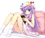  bare_shoulders blue_eyes blush book crescent dress frilled_pillow frills hat legs long_hair panties patchouli_knowledge pillow purple_hair reading simple_background solo tiptoes touhou underwear yamasan 