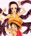  1girl bad_id bad_pixiv_id black_hair boa_hancock breast_squeeze breasts earrings hat jewelry large_breasts long_hair monkey_d_luffy one_piece poruhi short_hair snake straw_hat 