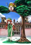  bad_id bad_pixiv_id bent_over beret blonde_hair braid flandre_scarlet grin hat highres hong_meiling long_hair multiple_girls r0g0b0 red_hair scarlet_devil_mansion smile squatting touhou tree wings 