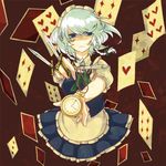  blue_eyes braid card falling_card hohho izayoi_sakuya knife maid maid_headdress pocket_watch short_hair silver_hair solo touhou twin_braids watch 