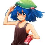  bad_id bad_pixiv_id blue_eyes blue_hair can coca-cola hair_bobbles hair_ornament hat kawashiro_nitori matsutani product_placement soda_can solo tank_top touhou twintails two_side_up 