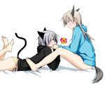  animal_ears bare_legs barefoot blonde_hair blue_eyes blush cat_ears cat_tail couple eila_ilmatar_juutilainen fox_ears fox_tail gaki green_eyes hand_kiss hood hoodie kiss legs long_hair multiple_girls panties sanya_v_litvyak short_hair silver_hair strike_witches tail underwear world_witches_series yuri 