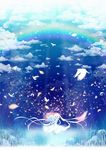  bad_id bad_pixiv_id bird blue_eyes bouquet cloud dress flower happy highres long_hair nekotama_(artist) open_mouth original petals rainbow silver_hair sky smile solo twintails very_long_hair 